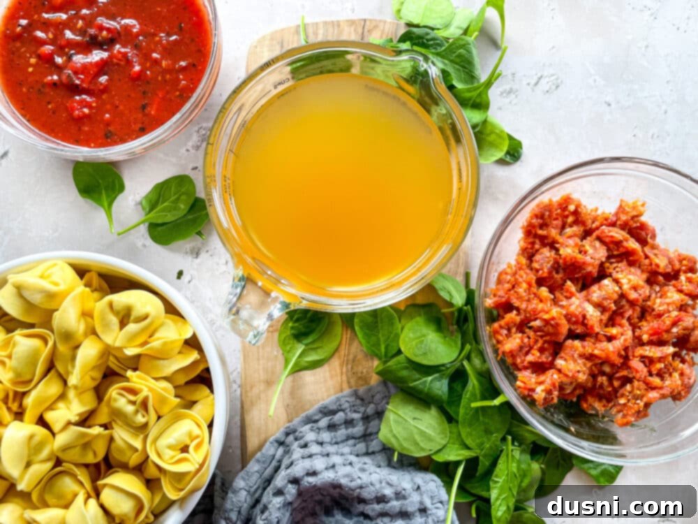 All 5 ingredients for tortellini soup laid out: chicken stock, diced tomatoes, Italian sausage, cheese tortellini, baby spinach
