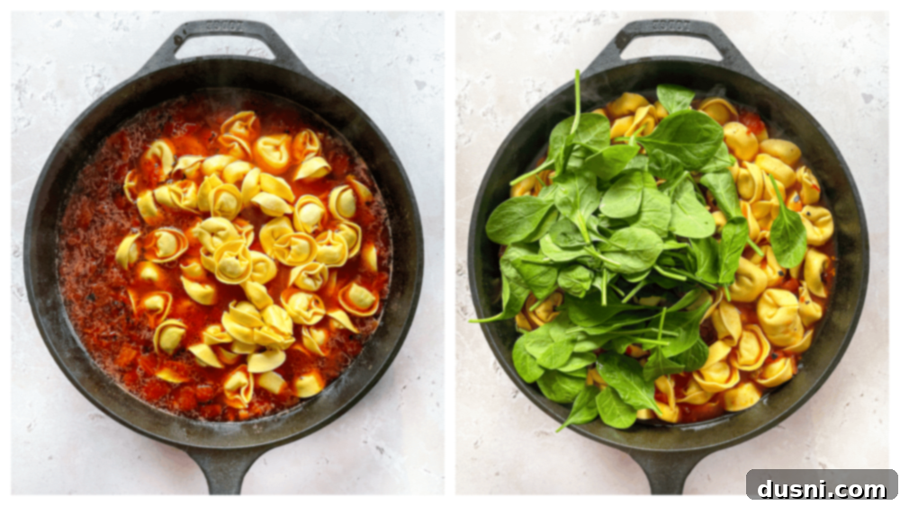 Step 2: Adding diced tomatoes and chicken stock to browned sausage