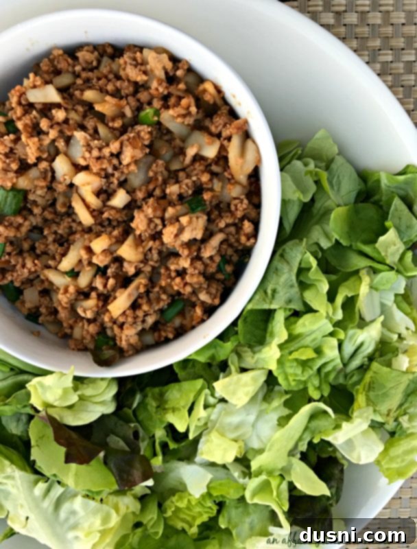 PF Changs Inspired Lettuce Wrap Salad 5 Ingredients for PF Chang's Lettuce Wrap Salad laid out, including ground chicken, hoisin sauce, soy sauce, fresh ginger, garlic, and butter lettuce.