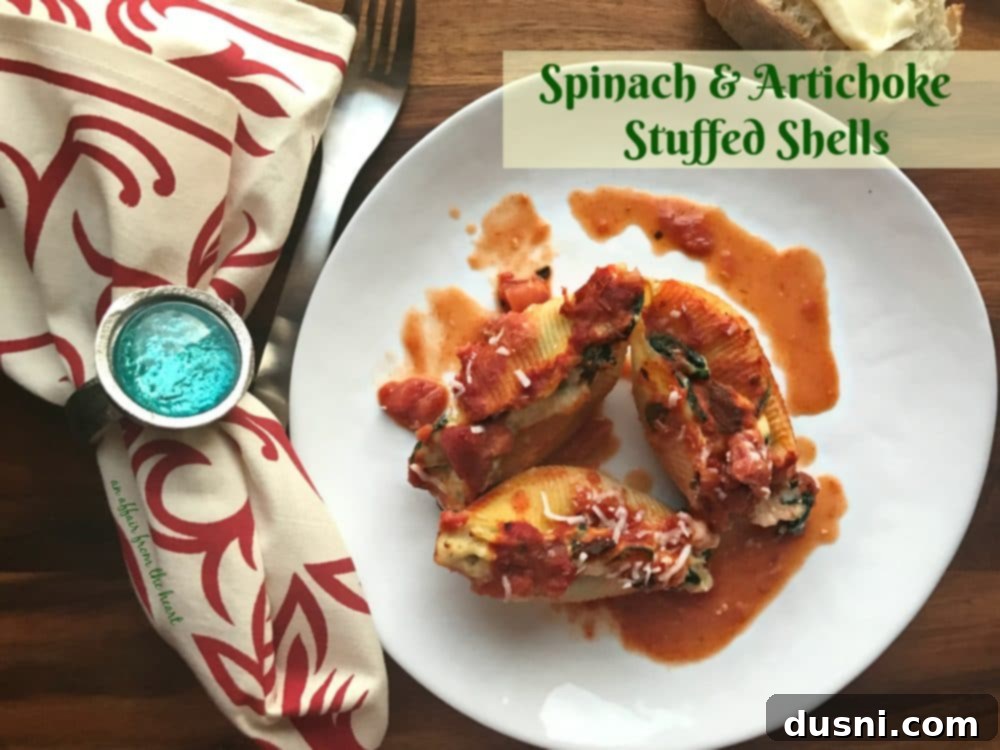 Spinach & Artichoke Stuffed Shells - Overhead shot of the finished dish.