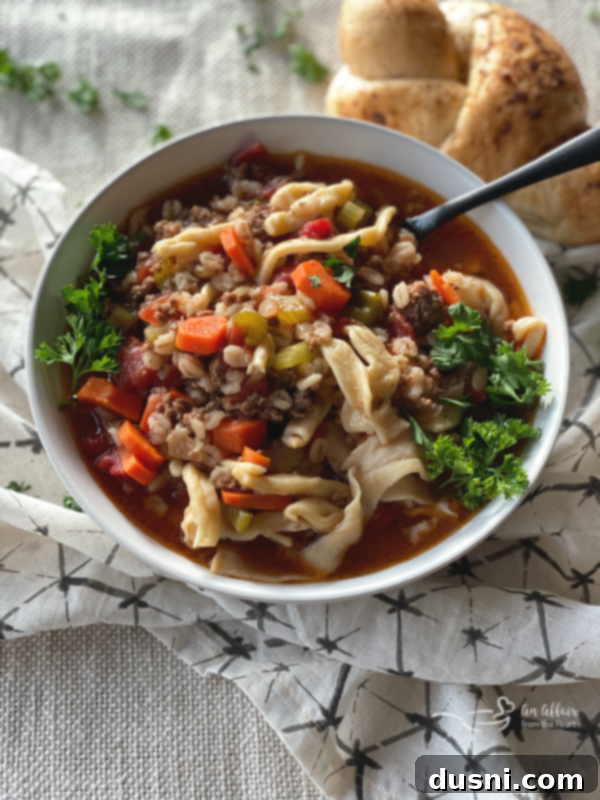 Grandma's Hamburger Noodle Soup in a white bowl, garnished with fresh parsley