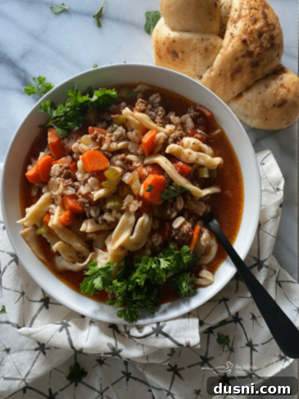 Two cozy bowls of hamburger noodle soup, garnished with fresh herbs