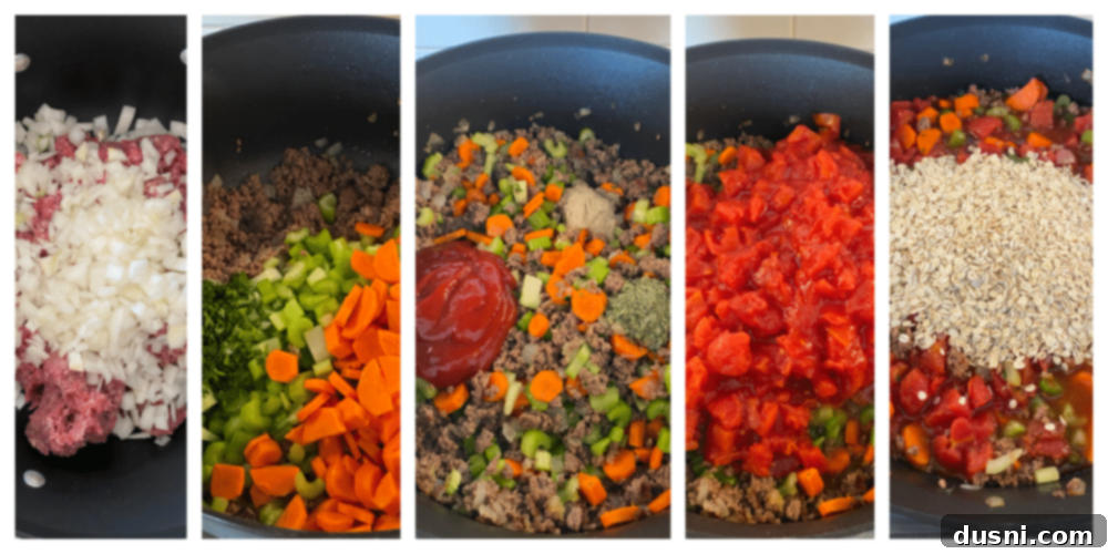 Preparation shot of ingredients for hamburger soup laid out on a cutting board
