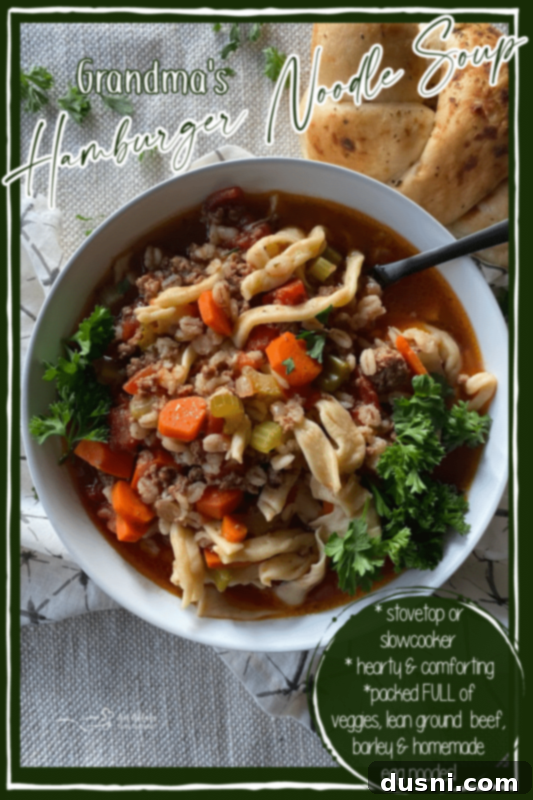 Close-up of a serving of Hamburger Noodle Soup in a white bowl, ready to eat