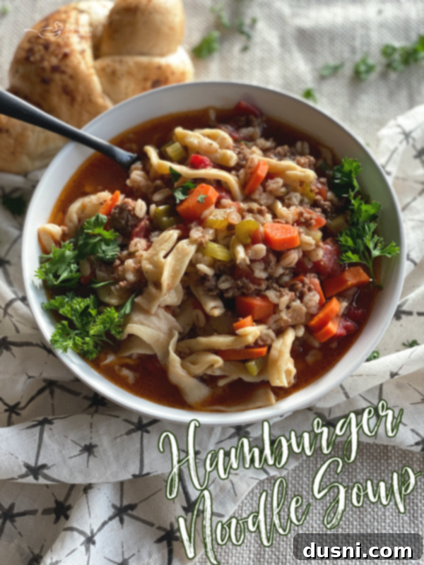 Another view of a white bowl filled with hamburger noodle soup, garnished