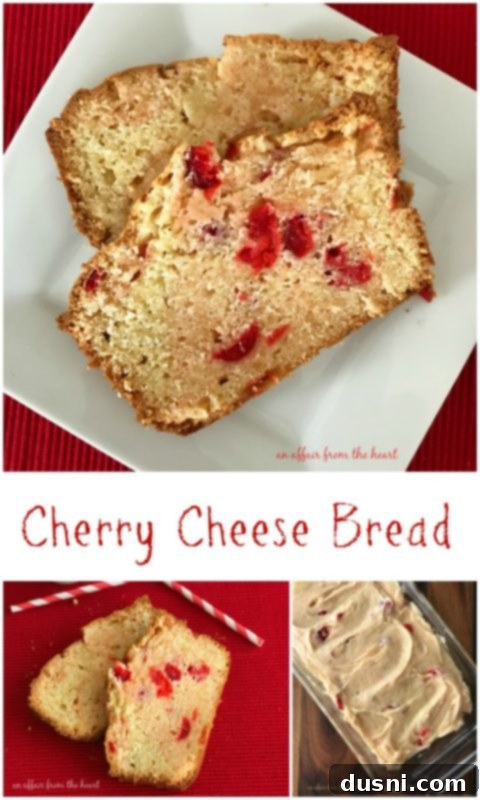 Sweet Cherry Cheese Bread 3 Close-up of a beautifully baked Cherry Cream Cheese Quick Bread loaf on a wooden cutting board