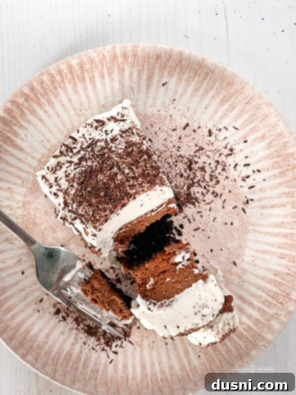 A delectable slice of French Silk Pie on a white plate, showcasing its creamy chocolate filling and whipped topping.