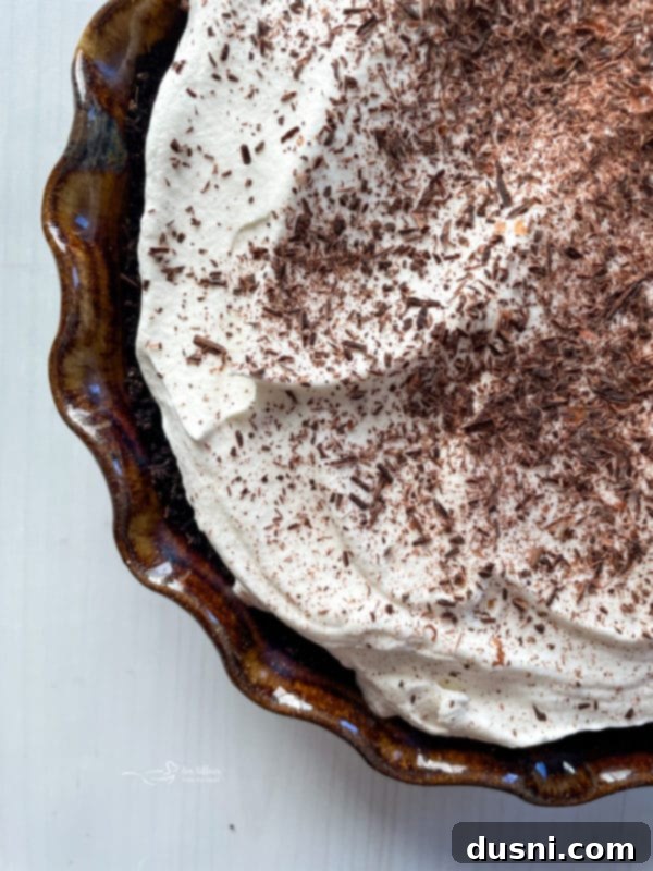 Top view of a beautifully adorned French Silk Pie, topped with generous whipped cream and elegant chocolate curls.