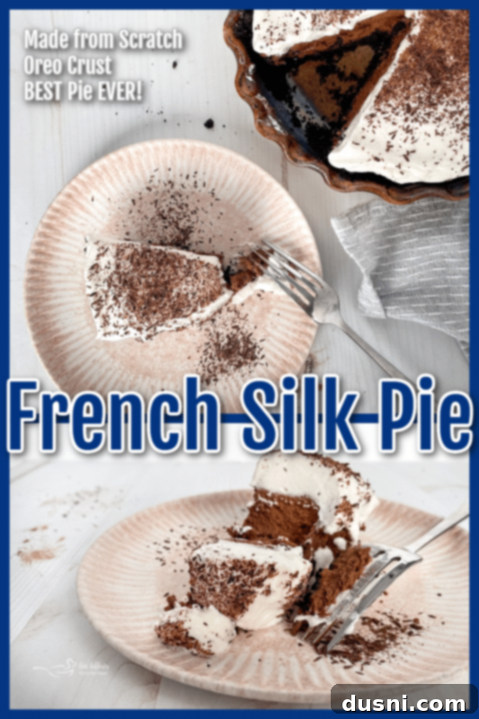 Two vertical images of French Silk Pie slices, perfect for sharing on Pinterest, highlighting the smooth texture and chocolate curls.