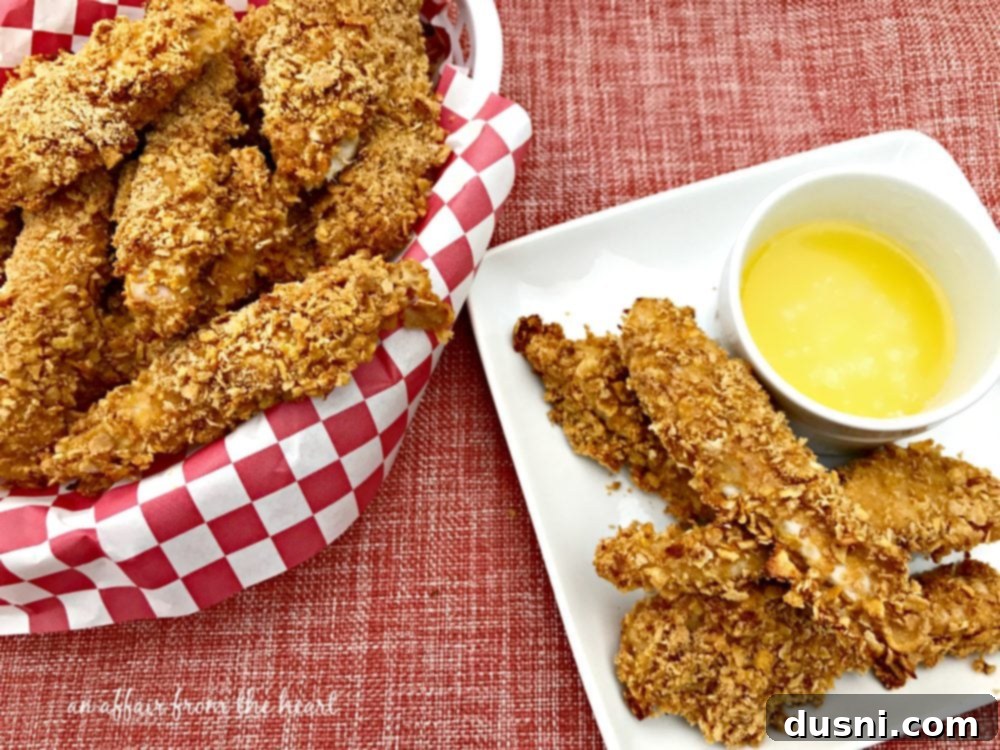 Zesty Oven-Baked Chicken Strips 4 Spicy Baked Chicken Tenders on a plate with various dipping sauces.