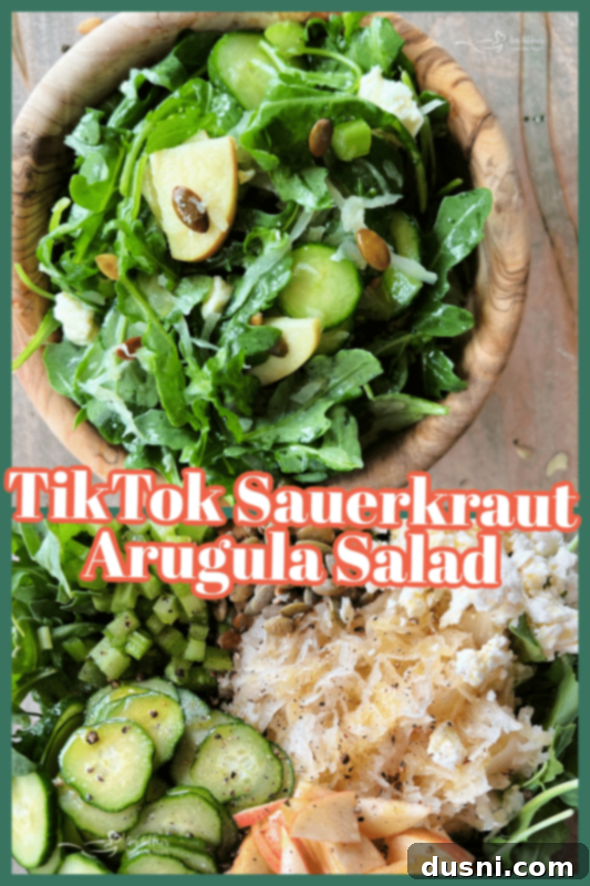 Viral Zest: Arugula Sauerkraut Salad 10 A bowl of TikTok Sauerkraut Arugula Salad, ready to be served.