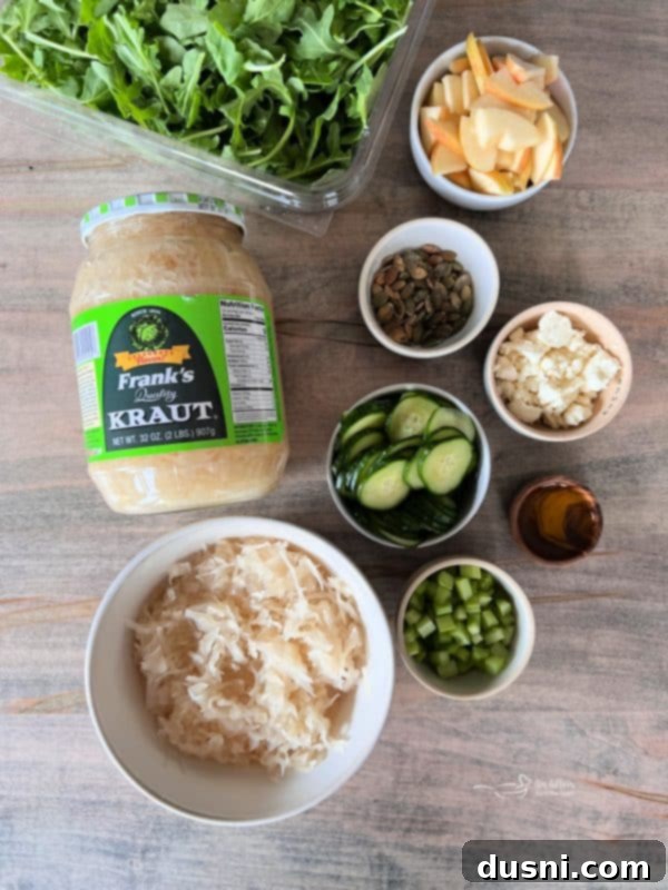 Viral Zest: Arugula Sauerkraut Salad 11 A side view of the TikTok Sauerkraut Arugula Salad in a bowl.