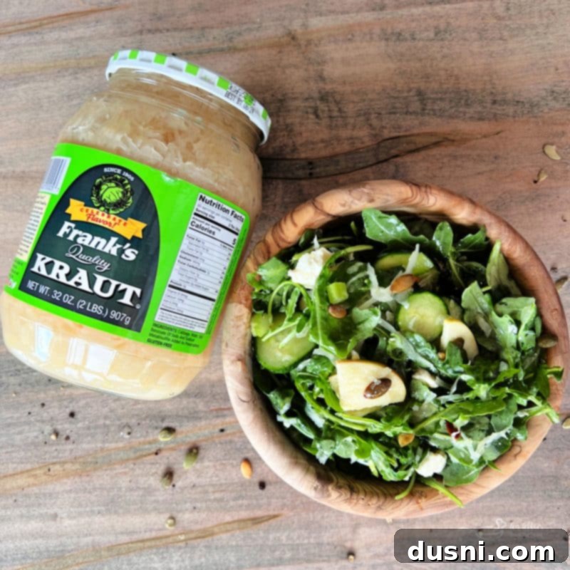 Viral Zest: Arugula Sauerkraut Salad 12 Close-up view of the TikTok Sauerkraut Arugula Salad, highlighting fresh textures.