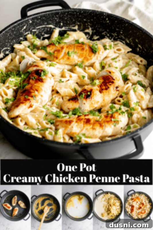 A top-down view of Creamy Chicken Penne Pasta in a skillet, ready to be served.