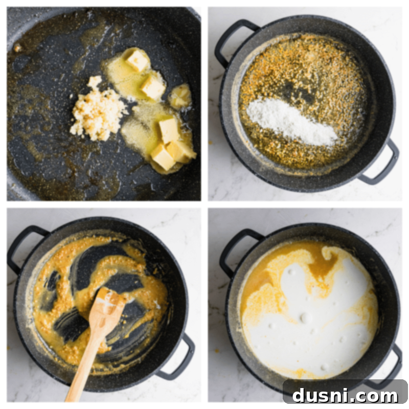 Minced garlic and cubed butter melting in a hot skillet, creating an aromatic base.