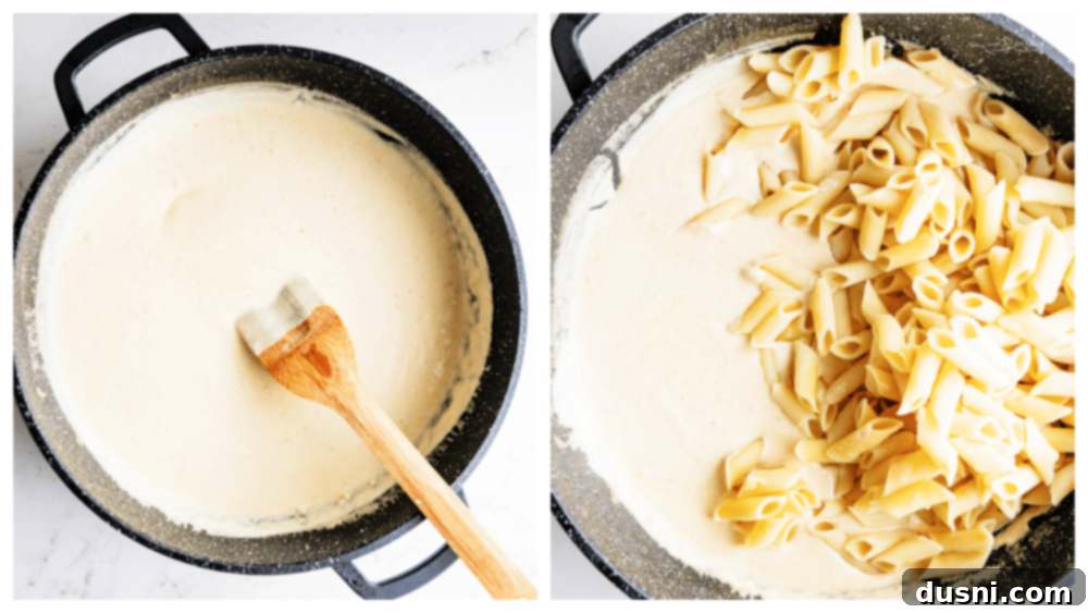 Flour being sprinkled into the garlic and butter mixture in a skillet to form a roux.