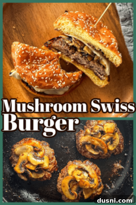 Signature Mushroom Swiss Burger 11 A stacked Mushroom Swiss Burger served on a plate.