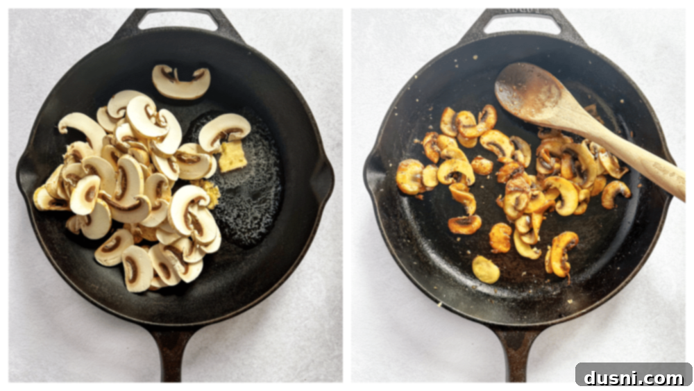 Signature Mushroom Swiss Burger 6 Step 1: Sautéing sliced mushrooms and garlic in a skillet.