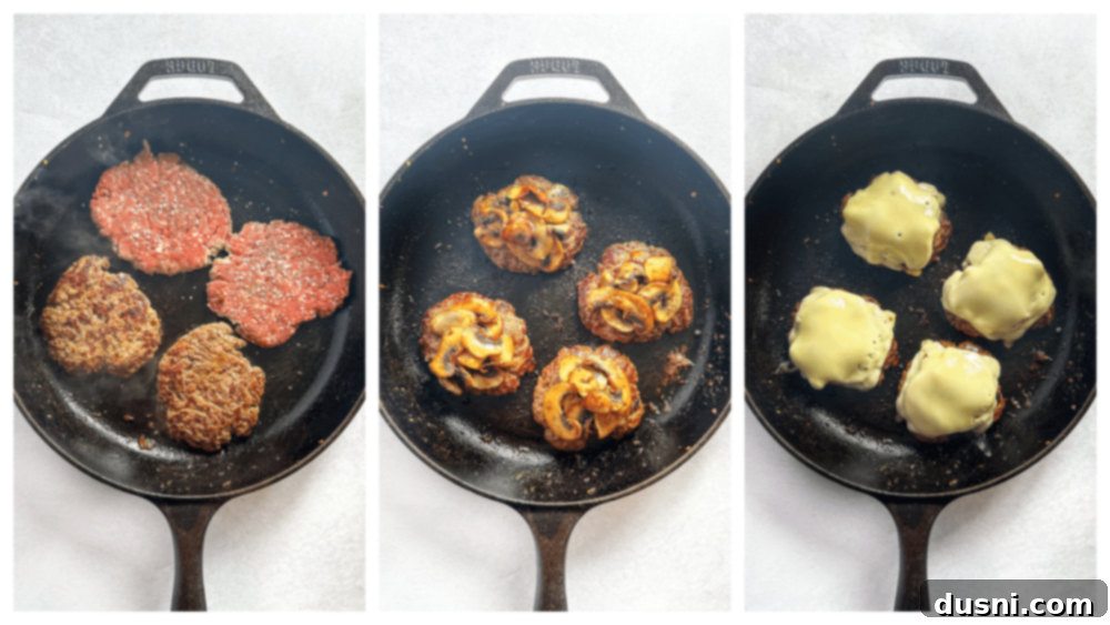 Signature Mushroom Swiss Burger 9 Step 4: Cooking burger patties in a skillet.