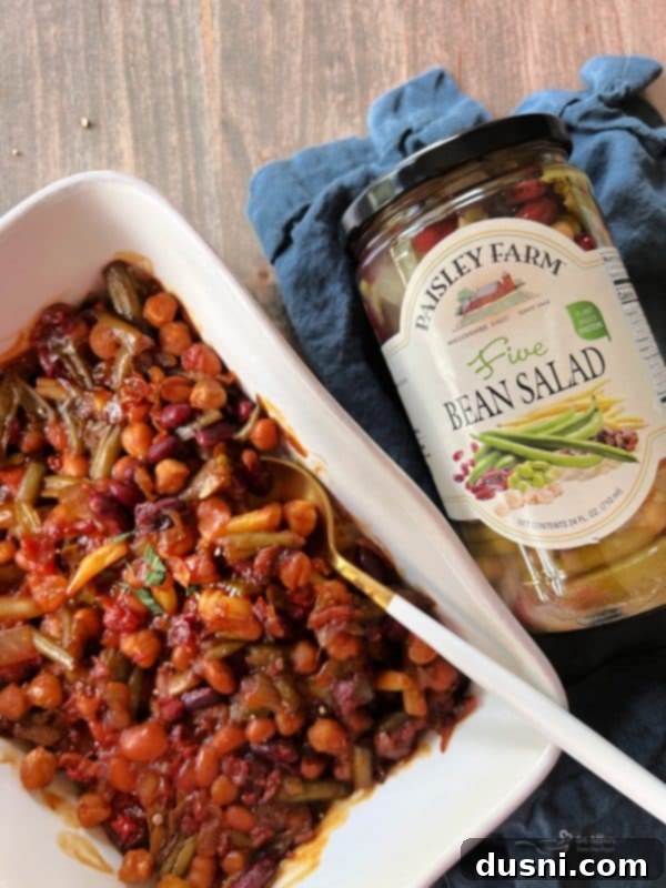 Hearty Five-Bean Bake 3 Close-up of Five Bean Baked Beans in a serving bowl