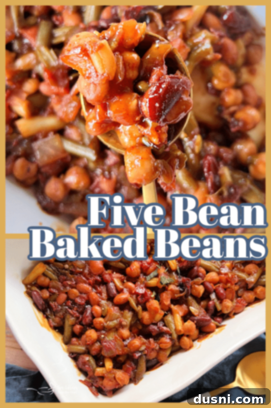 Hearty Five-Bean Bake 7 Five Bean Baked Beans in a white bowl with a spoon