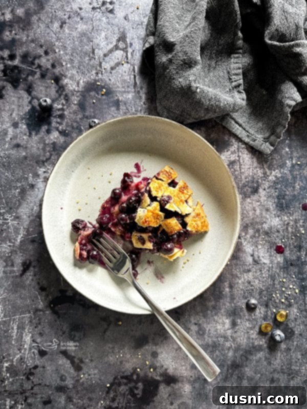 Golden Baked Blueberry Bliss 14 Close up of a slice of blueberry pie