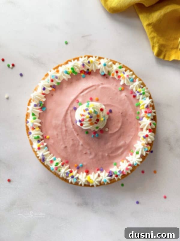 Buttery Shortbread Ice Cream Cookie Cake 16 Ice Cream Cookie Cake viewed from above with decorations.