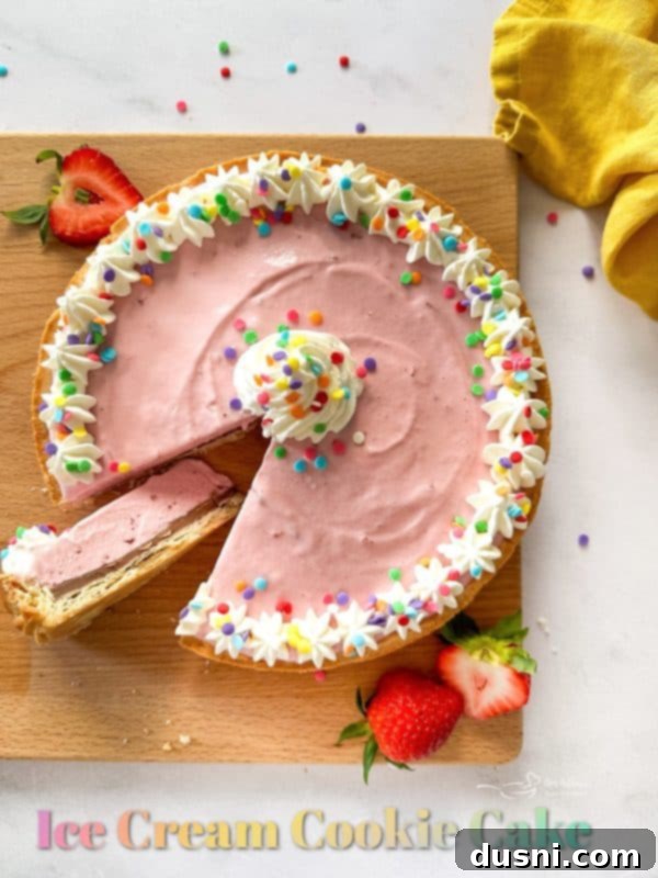 Buttery Shortbread Ice Cream Cookie Cake 18 Stunning hero shot of the Ice Cream Cookie Cake, garnished beautifully.