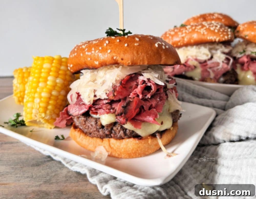 Pastrami Burger with Kraut with a side of corn