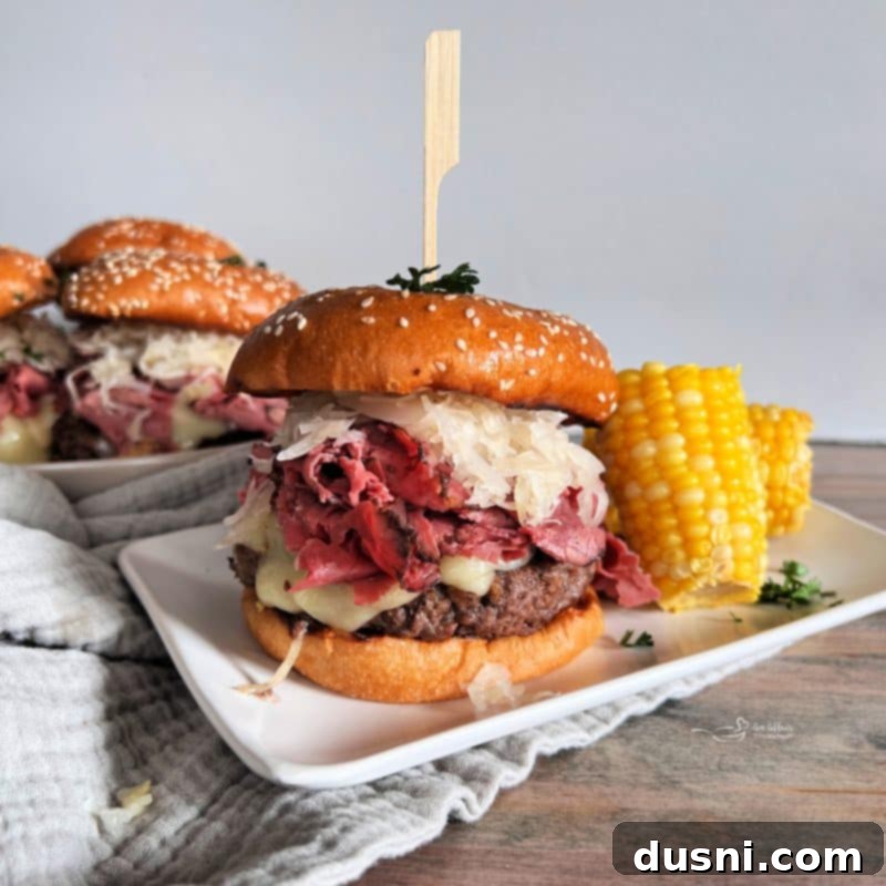 Pastrami Burger with Kraut on a wooden board