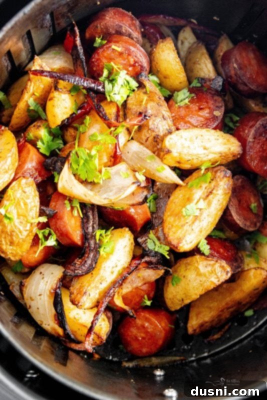 Air Fryer Sausage and Potatoes, freshly cooked and ready to serve