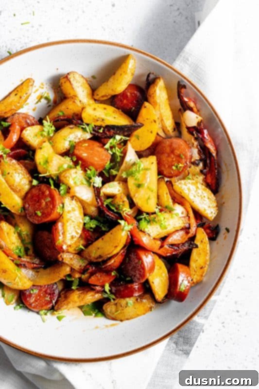 Air Fryer Sausage and Potatoes close up, showing crispy textures