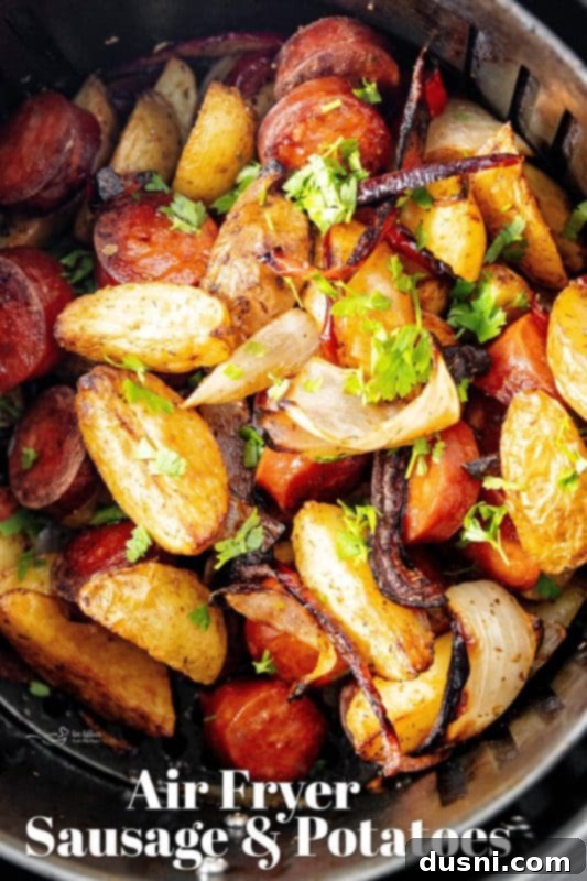 Air Fryer Sausage and Potatoes with a vibrant presentation, hero shot