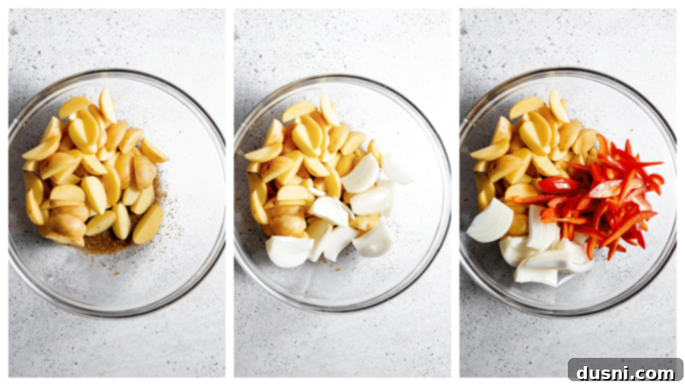 Step 2: Adding potatoes, onion, and bell peppers to the seasoning mixture