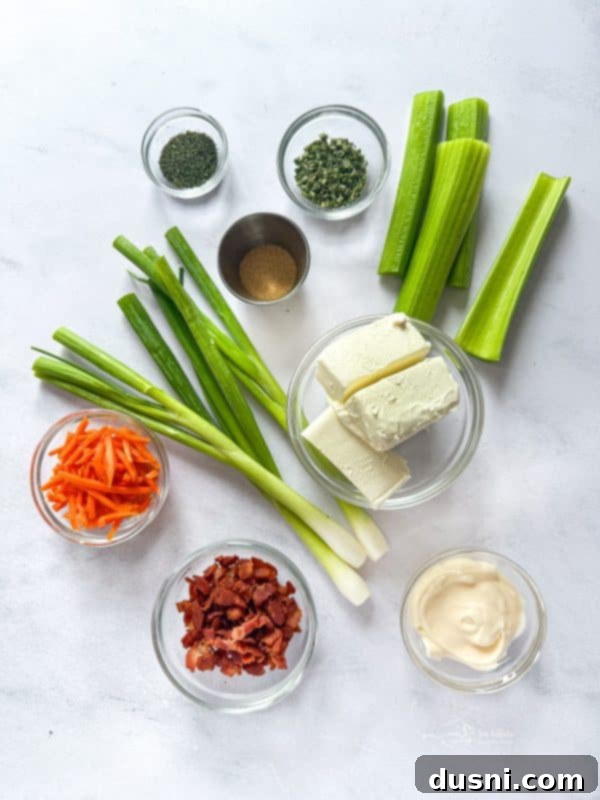 Savory Bacon Veggie Sandwich Spread 5 Ingredients for Bacon Veggie Sandwich Spread laid out on a cutting board