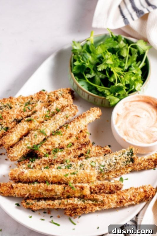 Crispy Air Fryer Zucchini Fries 2 Air Fryer Zucchini Fries in a white bowl with dipping sauce