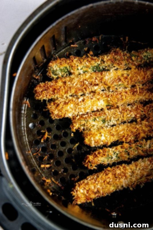 Crispy Air Fryer Zucchini Fries 4 Freshly cooked Air Fryer Zucchini Fries in an air fryer basket