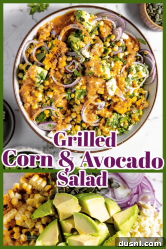 Beautifully presented Grilled Corn and Avocado Salad in a white bowl with serving utensils