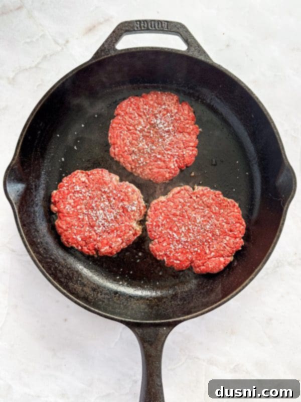 Step-by-step image of cooking burger patties on a griddle.