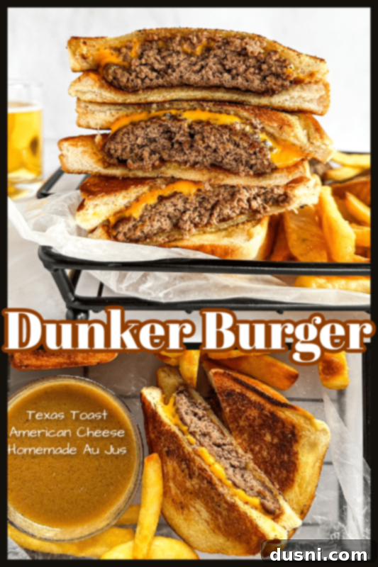 Pinterest graphic for Dunker Burger recipe, featuring an image of the burger and text 