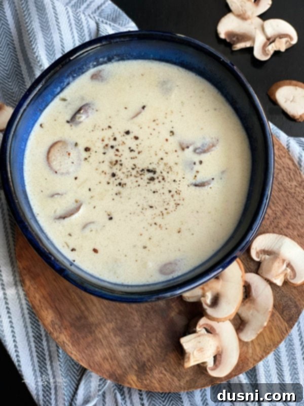 Homemade Cream of Mushroom Soup blue bowl