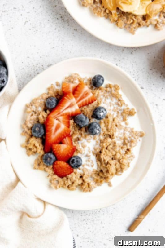 A bowl of Instant Pot Cinnamon Oatmeal topped with fresh berries and a drizzle of syrup.