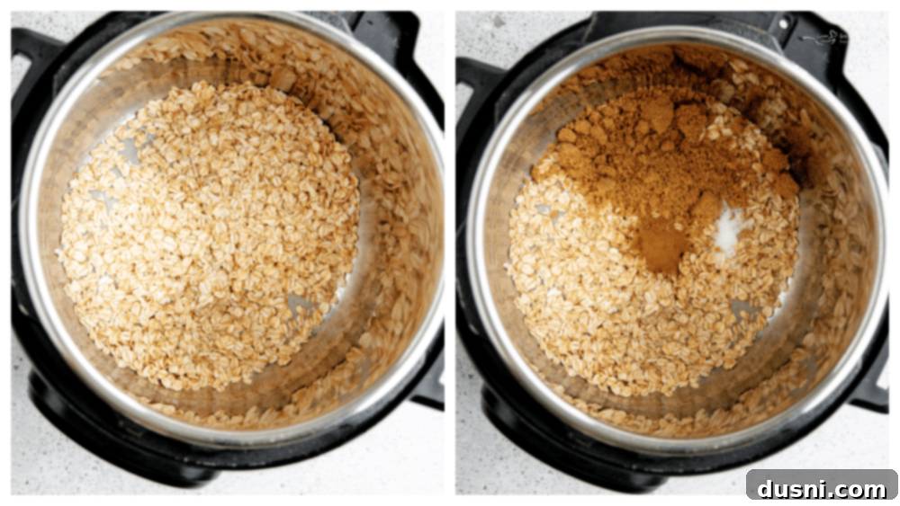 A graphic illustrating the steps to make Instant Pot Cinnamon Oatmeal.