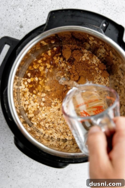 Hand adding ingredients to an Instant Pot for oatmeal.