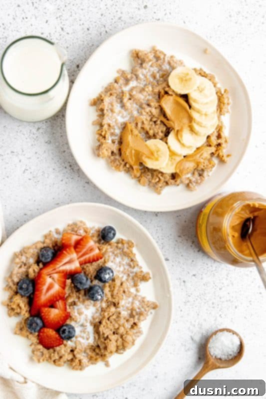 A bowl of freshly made Instant Pot Cinnamon Oatmeal, ready for toppings.
