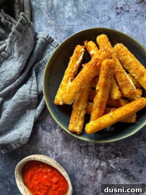 A stack of perfectly golden-brown homemade mozzarella sticks on a white plate.
