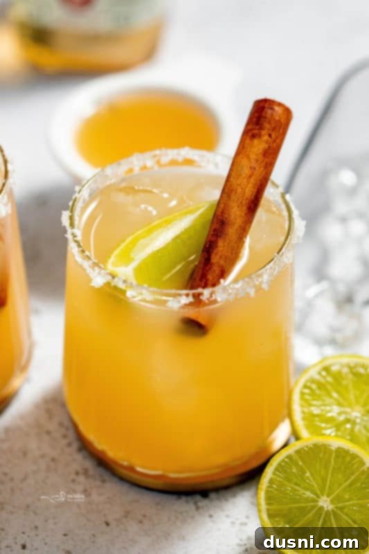 Apple Cider Margarita 13 Close-up of an Apple Cider Margarita garnished with a lime wedge and cinnamon stick.