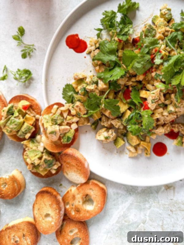 Irresistible Avocado Chicken Salad Dip 2 Close up of Avocado Chicken salad dip and crackers on a white plate.
