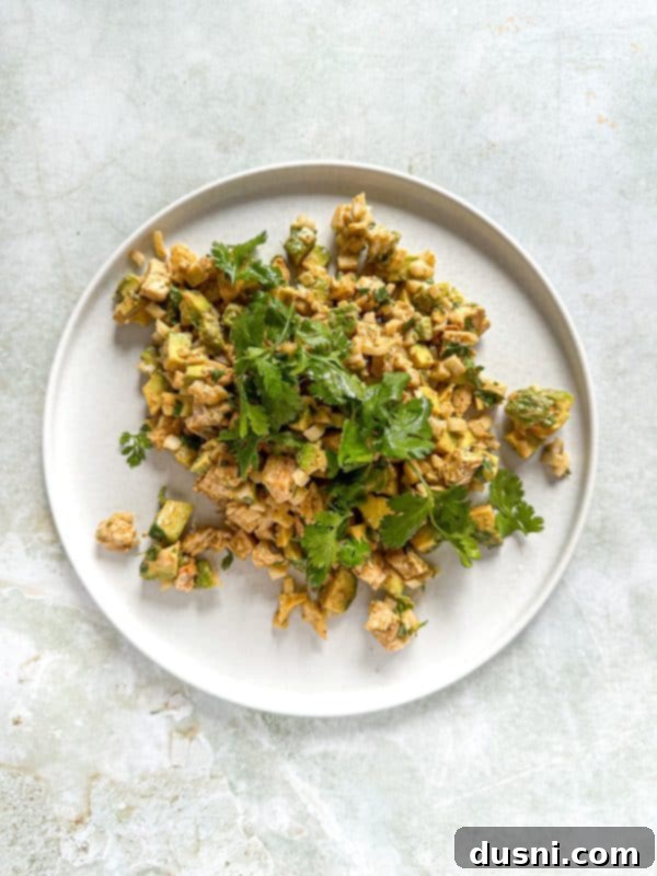 Irresistible Avocado Chicken Salad Dip 14 A close-up shot of the Avocado Chicken Salad Dip with a serving spoon.