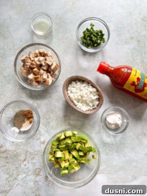 Irresistible Avocado Chicken Salad Dip 5 Large bowl of Avocado Chicken Salad Dip on a wooden background, surrounded by dippers.